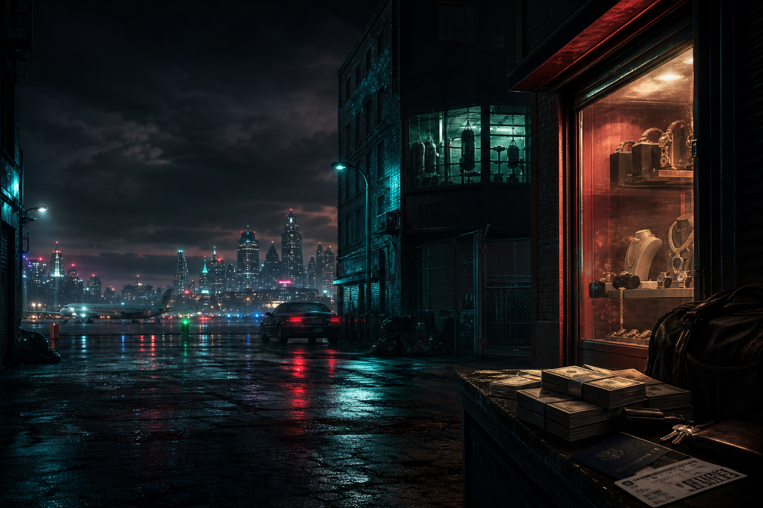 A neon crime-city skyline with travel and training visual cues